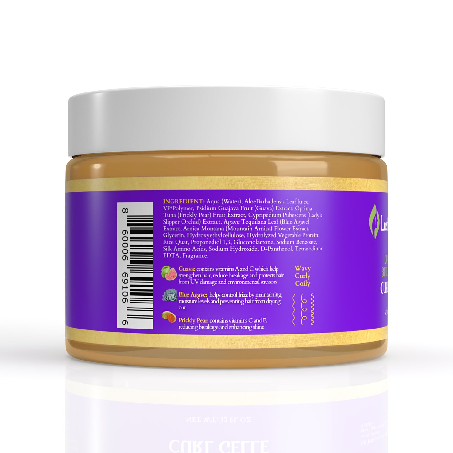 Back label of Guava & Blue Agave Curl Gelle featuring ingredients, product description, and directions for use. Ingredients include guava extract, blue agave, and botanical hydrators. Directions: Apply to damp hair, distribute evenly, and style as desired. Air-dry or diffuse for best results.