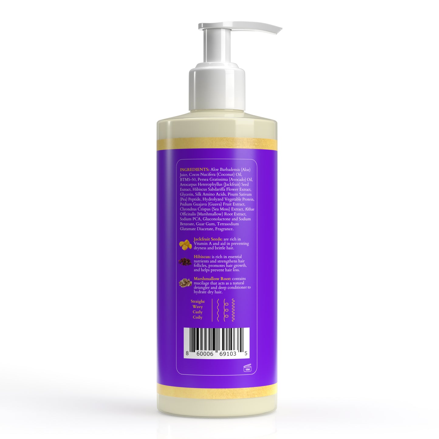 Back label of Jackfruit & Hibiscus Moisturizing Conditioner featuring ingredients, product description, and directions for use. Ingredients include jackfruit extract, hibiscus, and hydrating botanicals. Directions: Apply generously to wet hair, leave on for 3–5 minutes, then rinse thoroughly. Use after shampooing for best results.