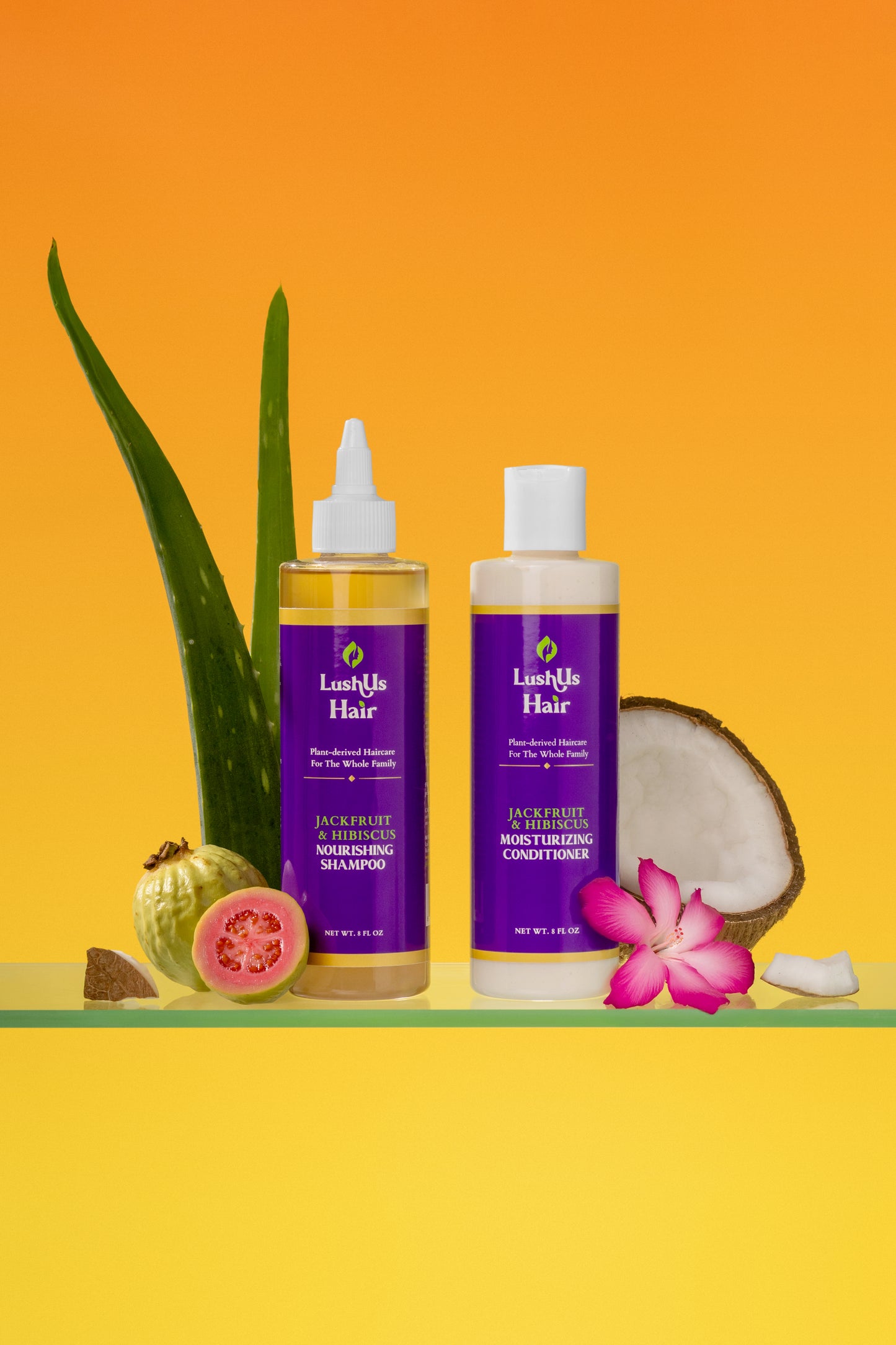 Two bottles of 'Lushful Hair' shampoo on a yellow background with tropical fruits and flowers.