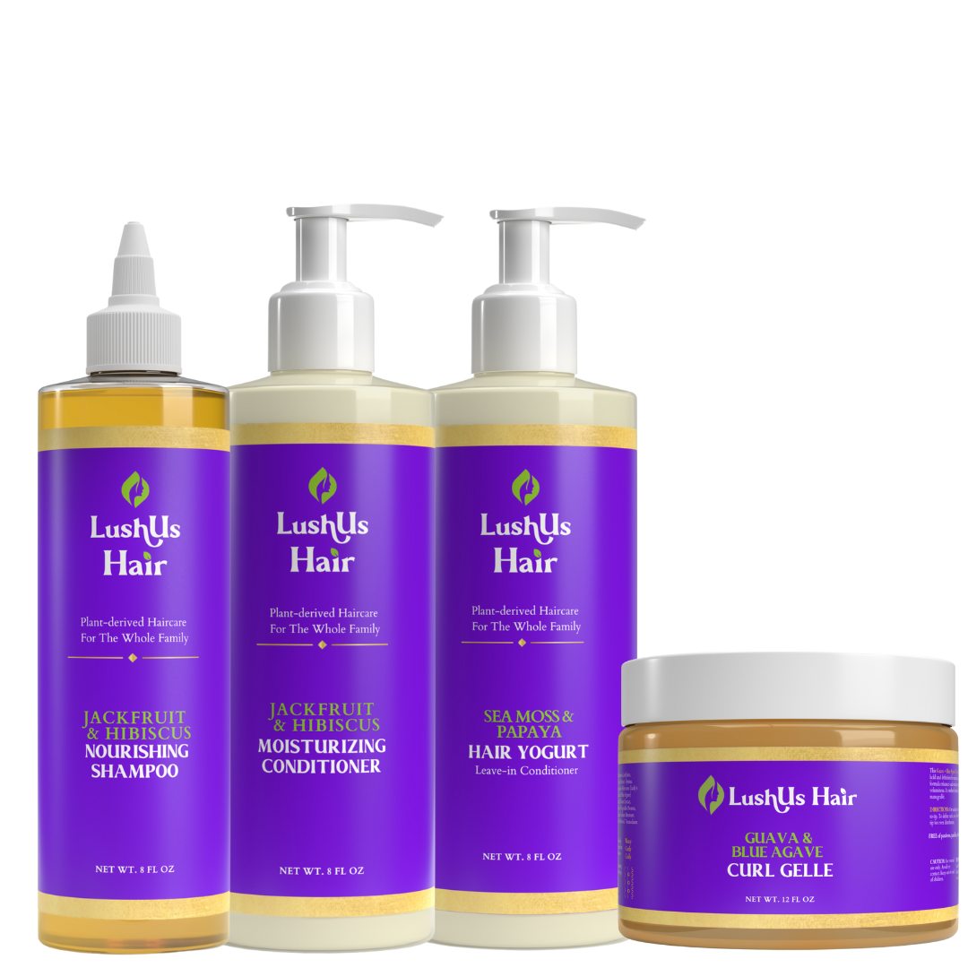 Lushus Hair Curly Styling Starter Kit – a complete curl-care set with shampoo, conditioner, hair yogurt, and curl gelle for hydration and definition.